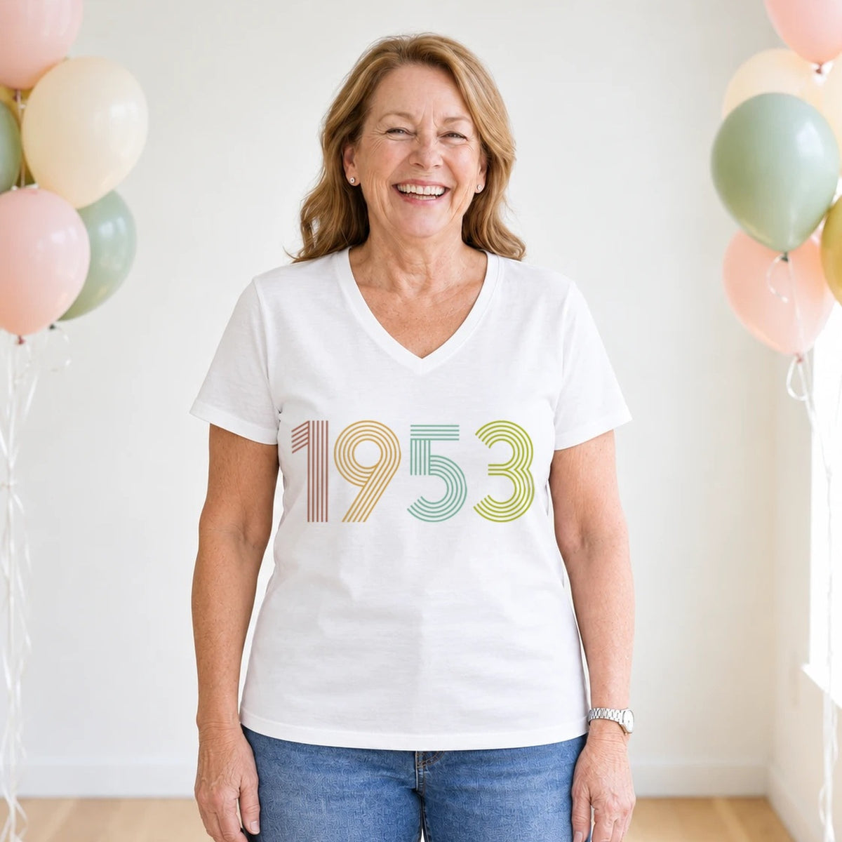 1953 Birth Year Shirt - Retro 73rd Birthday T-Shirt for Women - White V-Neck