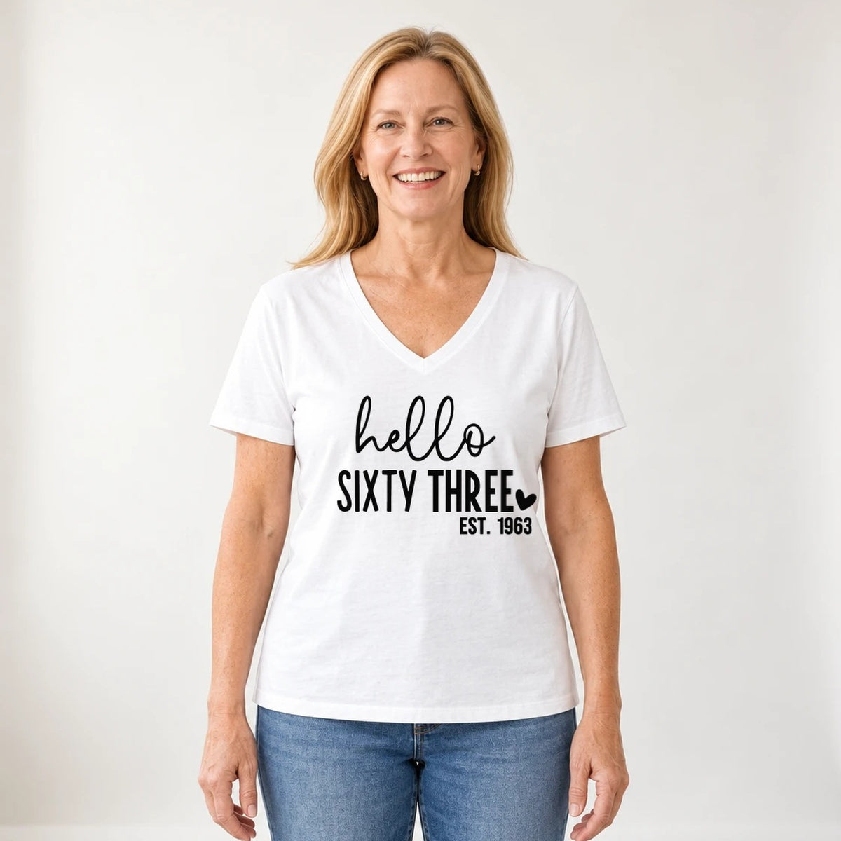 Hello Sixty-Three 63rd Birthday T-Shirt for Women - Est. 1963 - White V-Neck