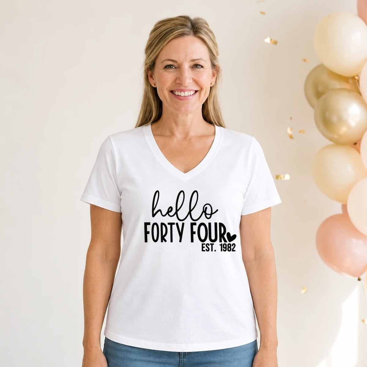 Hello Forty-Four 44th Birthday T-Shirt for Women - Est. 1982 - White V-Neck