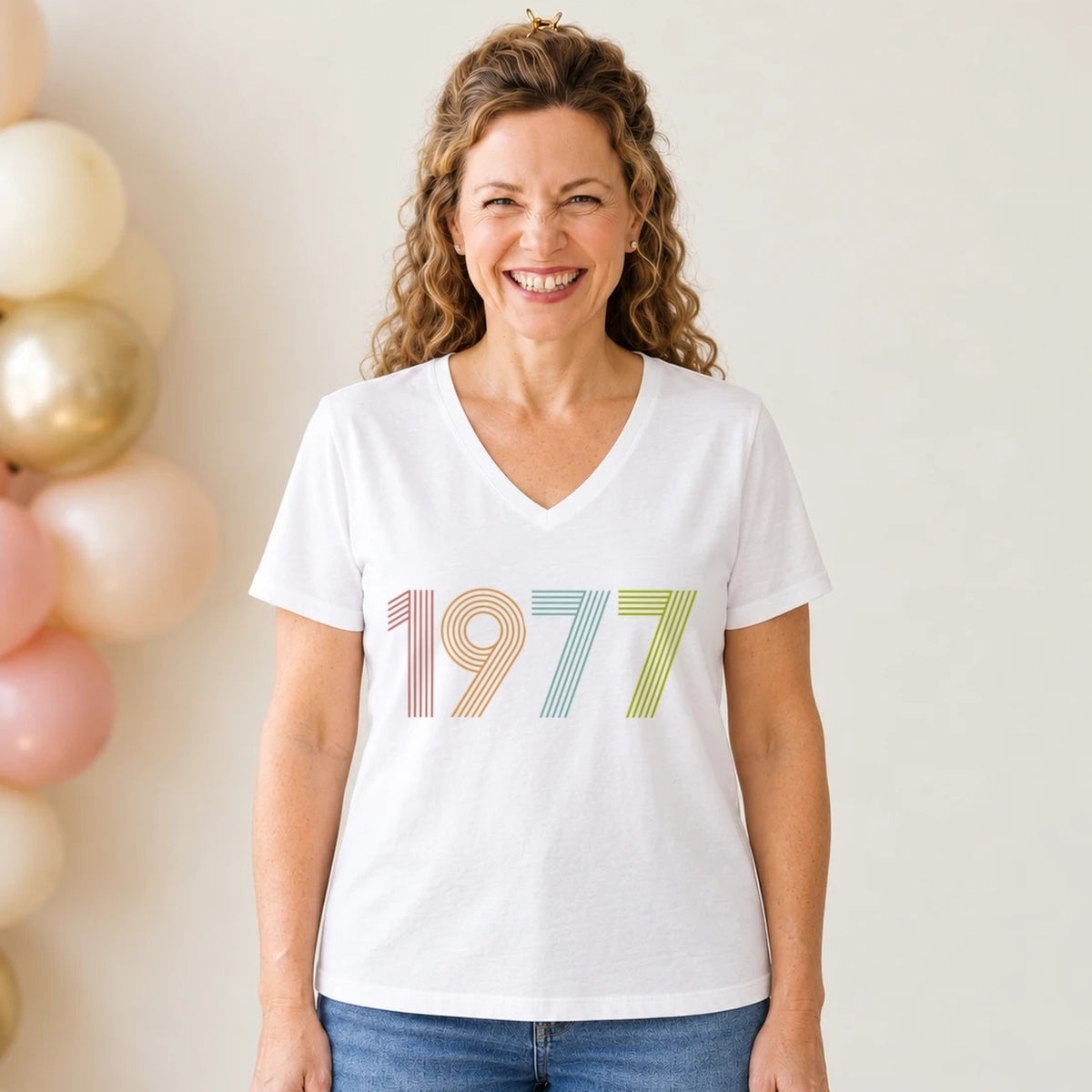 1977 Birth Year Shirt - Retro 49th Birthday T-Shirt for Women - White V-Neck