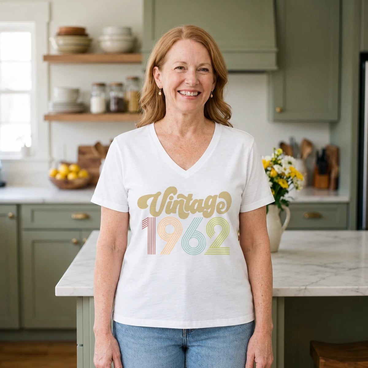 Vintage 1962 - Retro 64th Birthday T-Shirt for Women - White V-Neck
