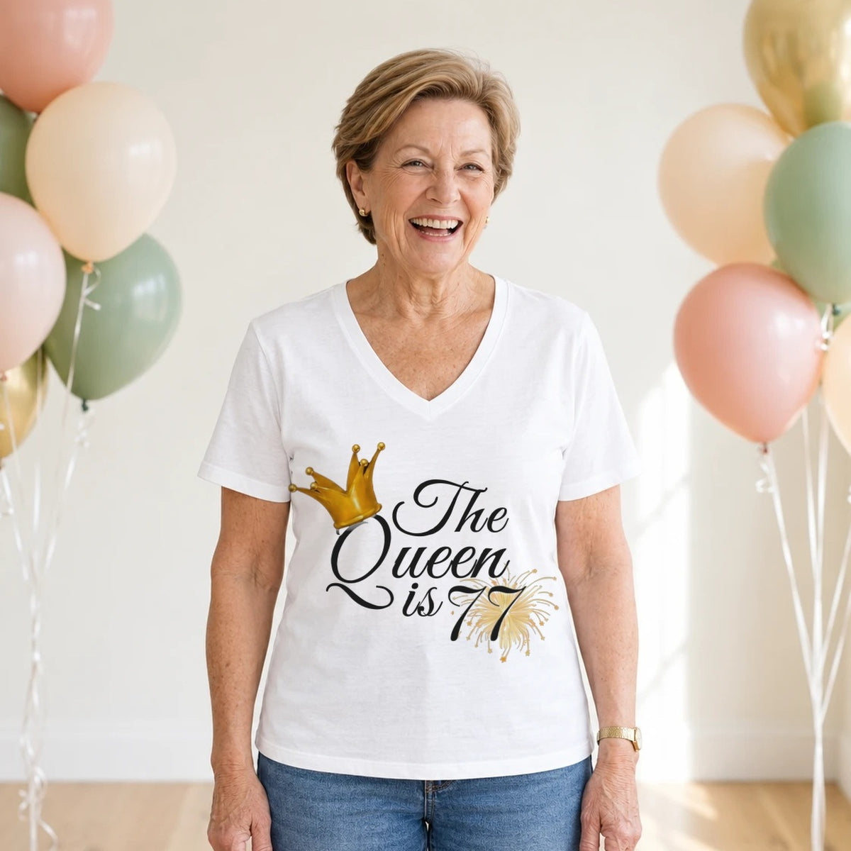The Queen Is 77 - 77th Birthday Queen T-Shirt for Women - White V-Neck