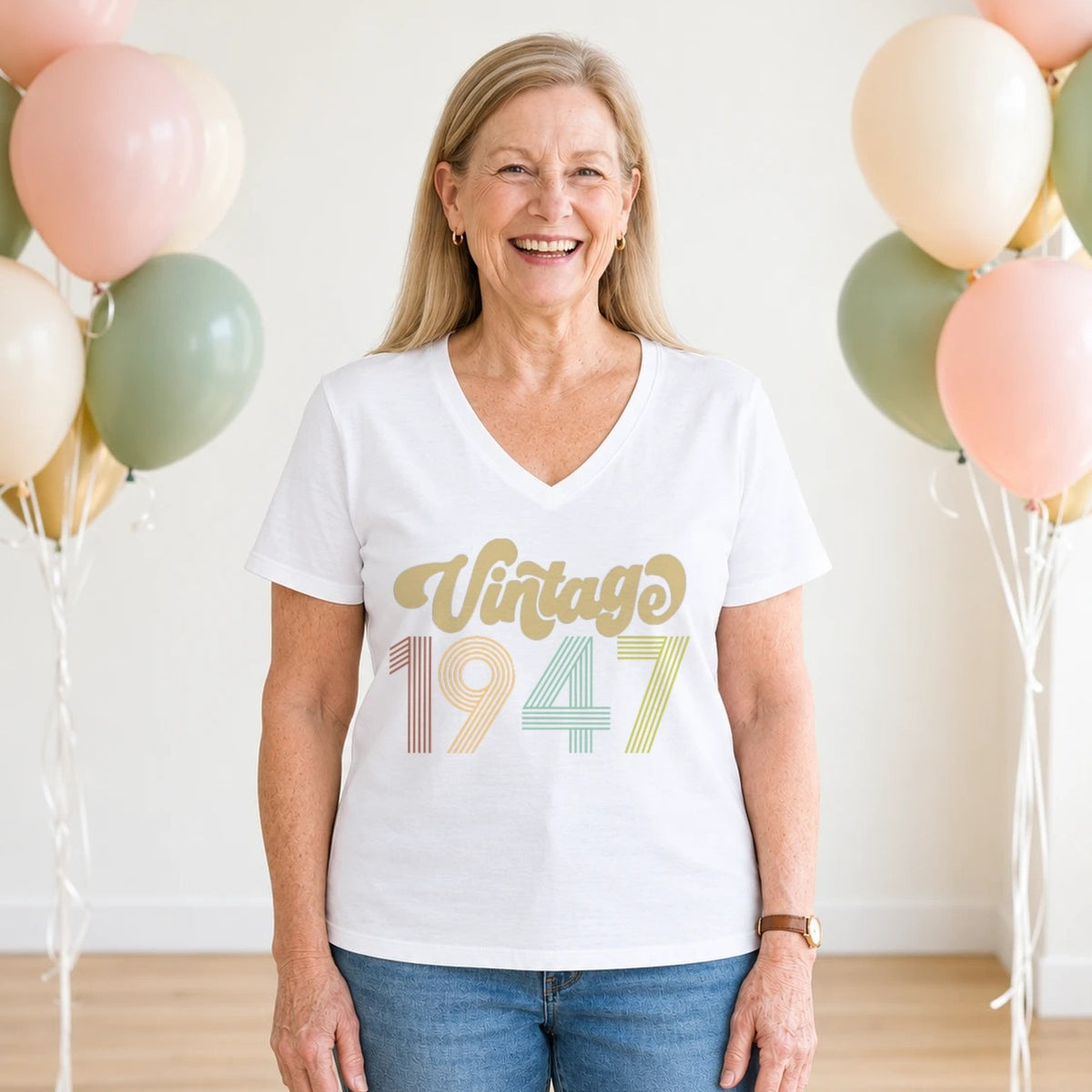 Vintage 1947 - Retro 79th Birthday T-Shirt for Women - White V-Neck