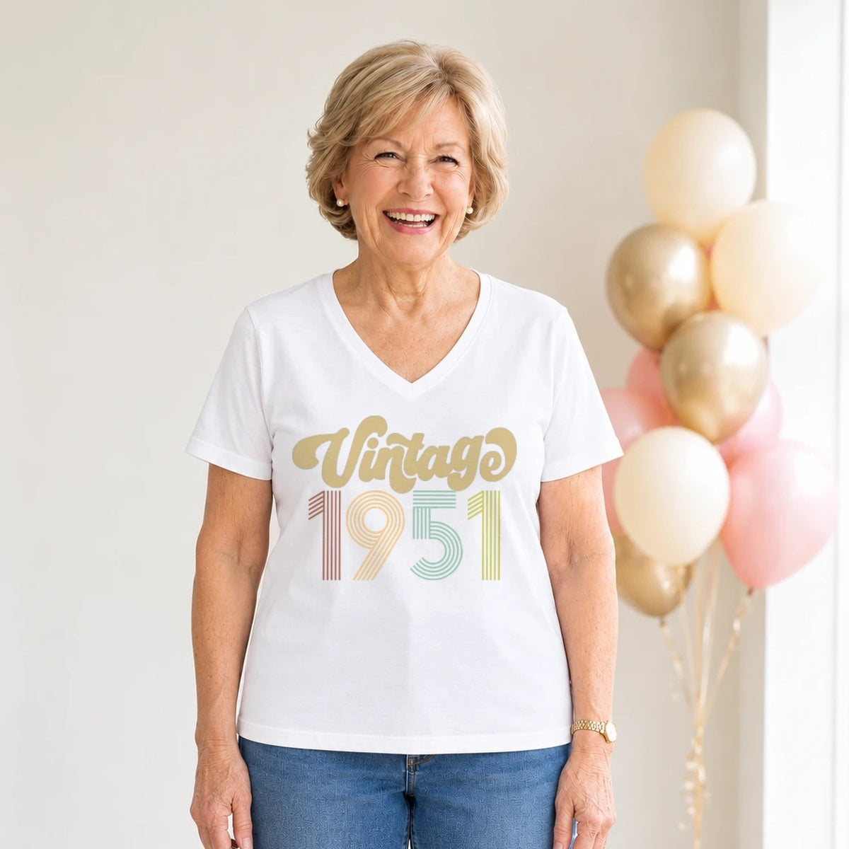 Vintage 1951 - Retro 75th Birthday T-Shirt for Women - White V-Neck