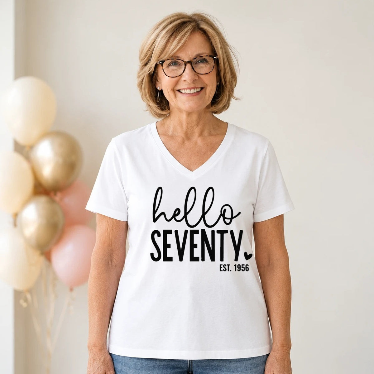 Hello Seventy 70th Birthday T-Shirt for Women - Est. 1956 - White V-Neck