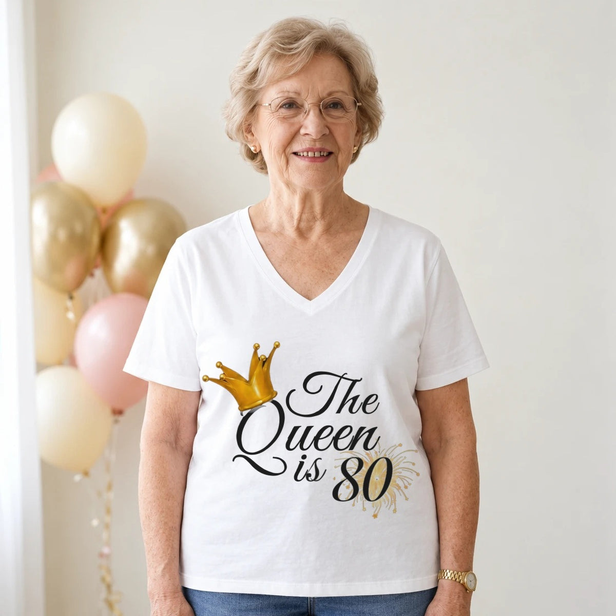 The Queen Is 80 - 80th Birthday Queen T-Shirt for Women - White V-Neck