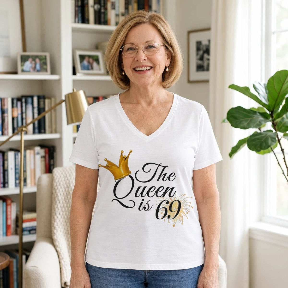 The Queen Is 69 - 69th Birthday Queen T-Shirt for Women - White V-Neck