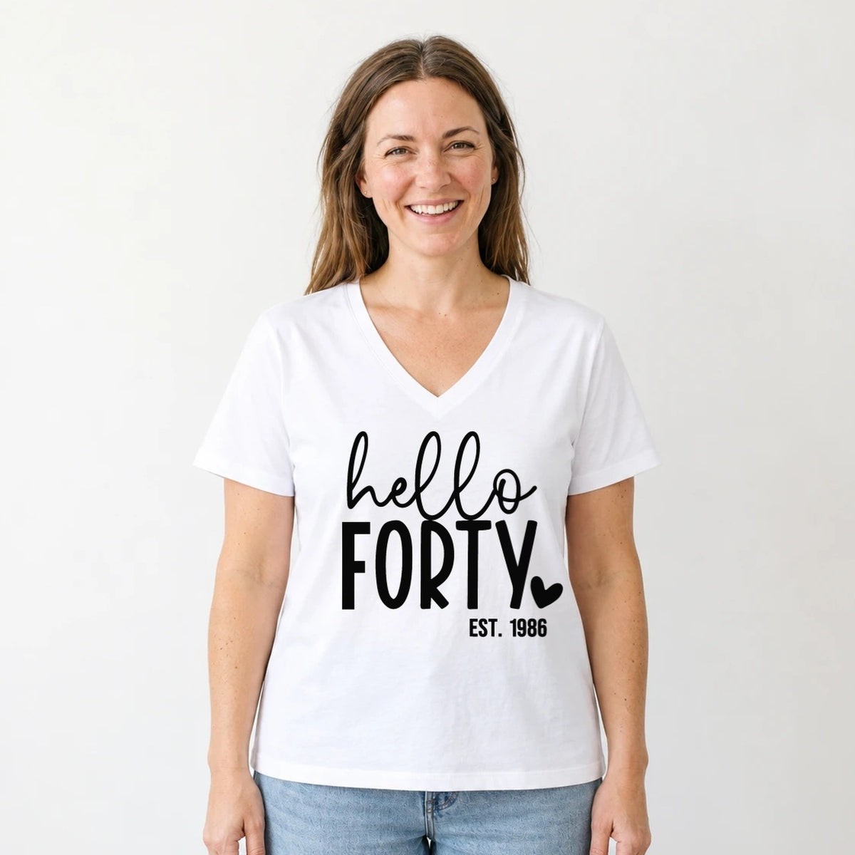 Hello Forty 40th Birthday T-Shirt for Women - Est. 1986 - White V-Neck