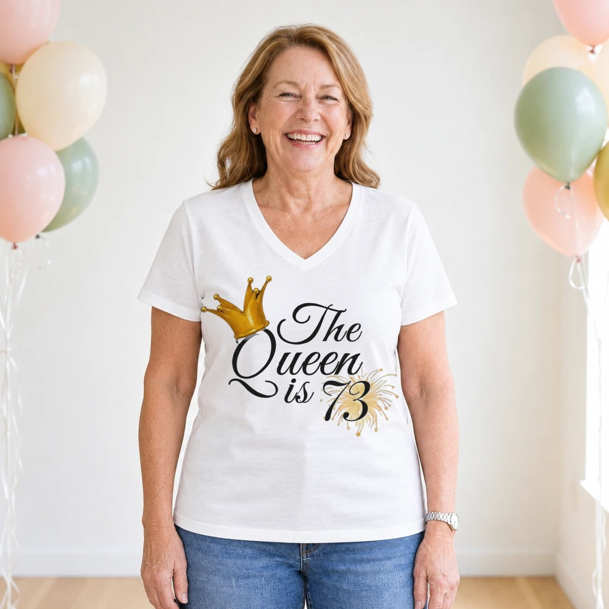 The Queen Is 73 - 73rd Birthday Queen T-Shirt for Women - White V-Neck
