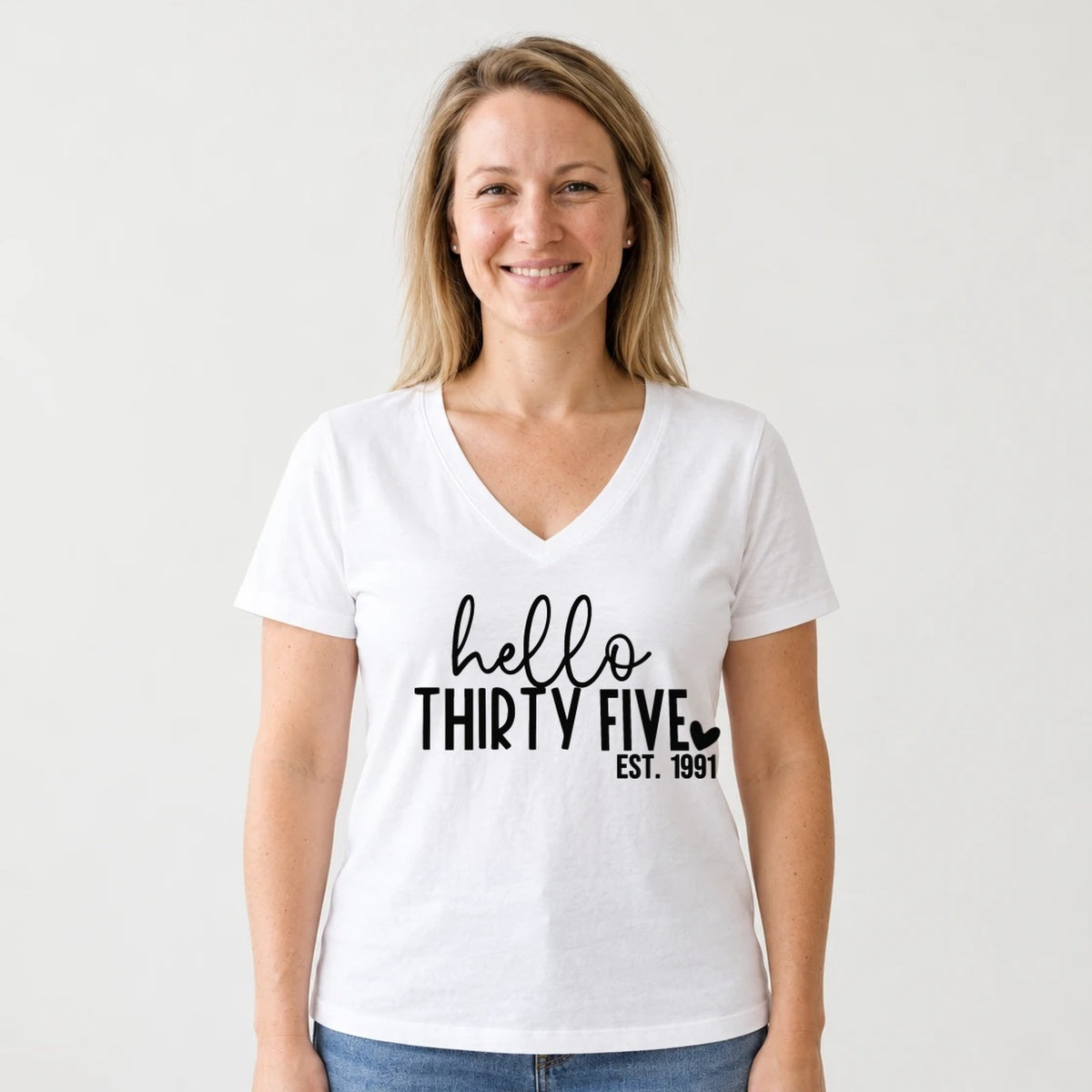 Hello Thirty-Five 35th Birthday T-Shirt for Women - Est. 1991 - White V-Neck