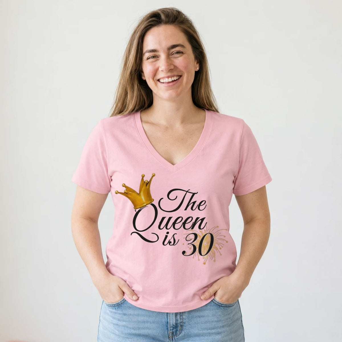 The Queen Is 30 - 30th Birthday Queen T-Shirt for Women - Blush Pink V-Neck
