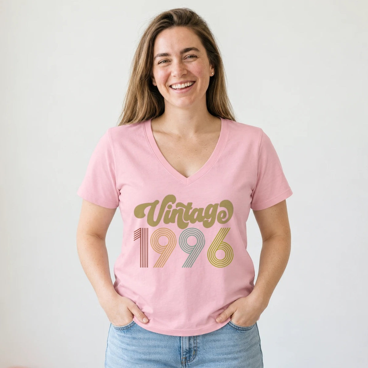 Vintage 1996 - Retro 30th Birthday T-Shirt for Women - Blush Pink V-Neck