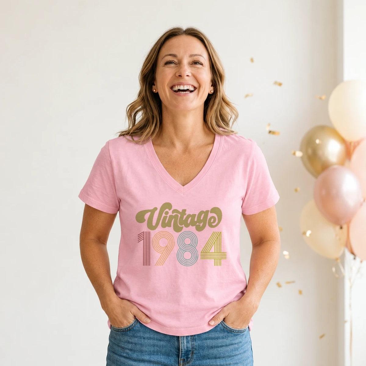 Vintage 1984 - Retro 42nd Birthday T-Shirt for Women - Blush Pink V-Neck