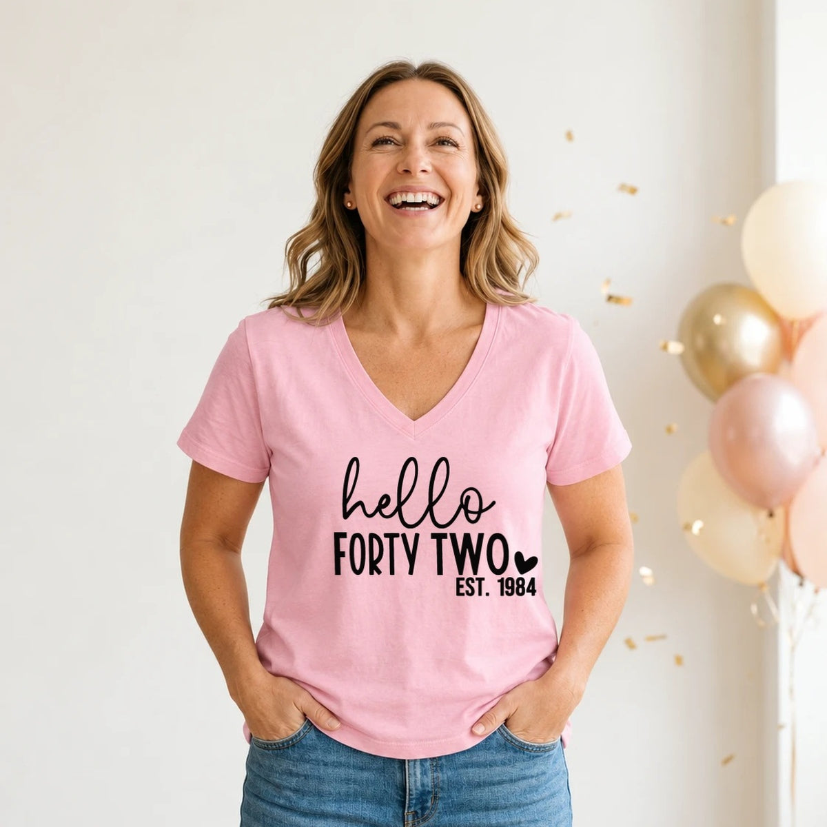 Hello Forty-Two 42nd Birthday T-Shirt for Women - Est. 1984 - Blush Pink V-Neck