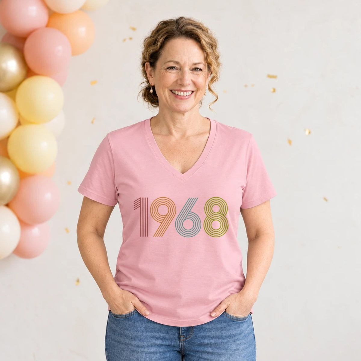 1968 Birth Year Shirt - Retro 58th Birthday T-Shirt for Women - Blush Pink V-Neck
