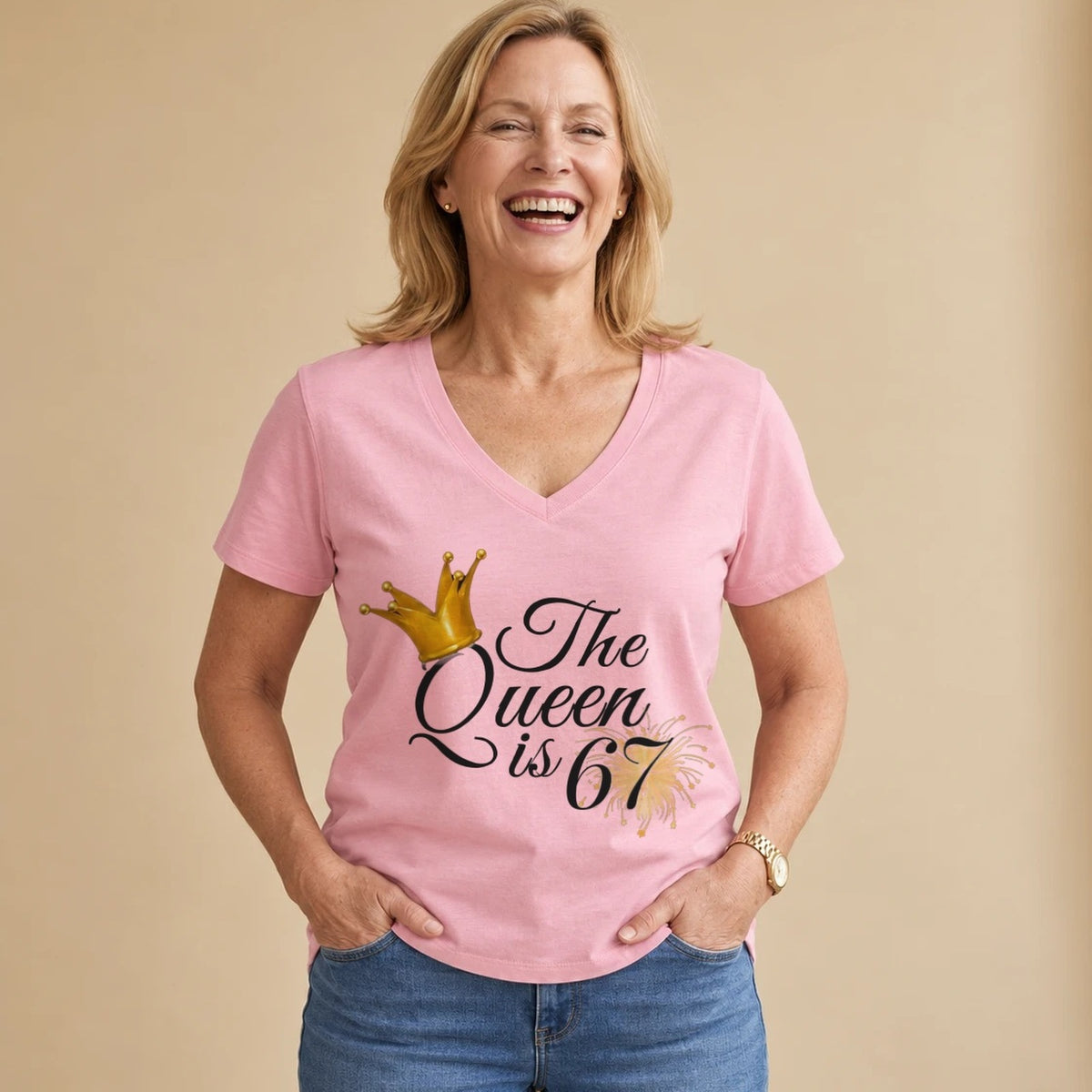 The Queen Is 67 - 67th Birthday Queen T-Shirt for Women - Blush Pink V-Neck
