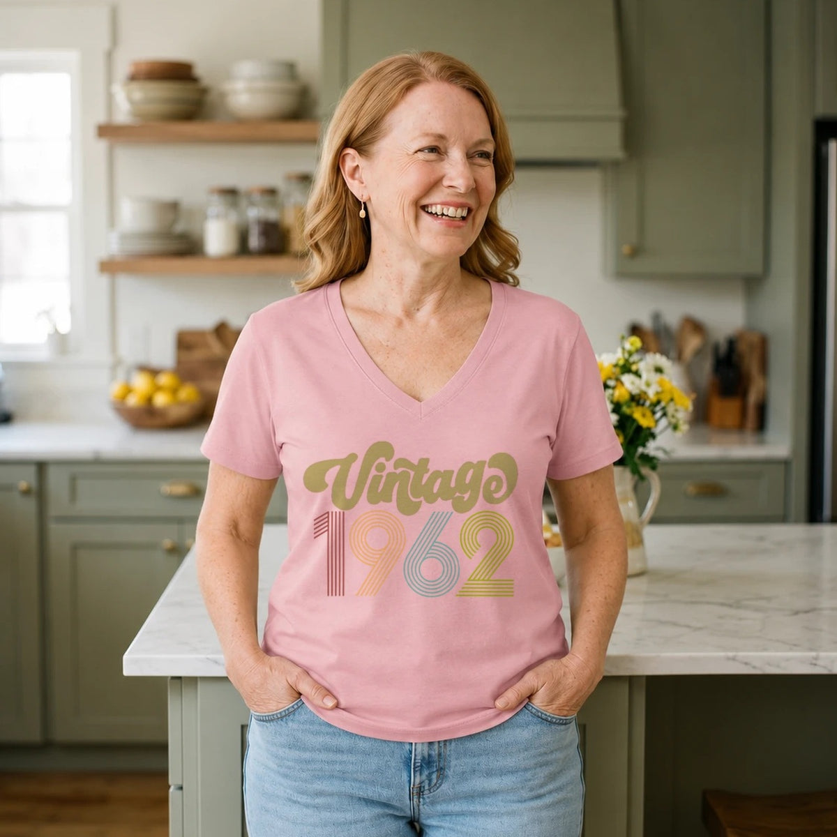 Vintage 1962 - Retro 64th Birthday T-Shirt for Women - Blush Pink V-Neck