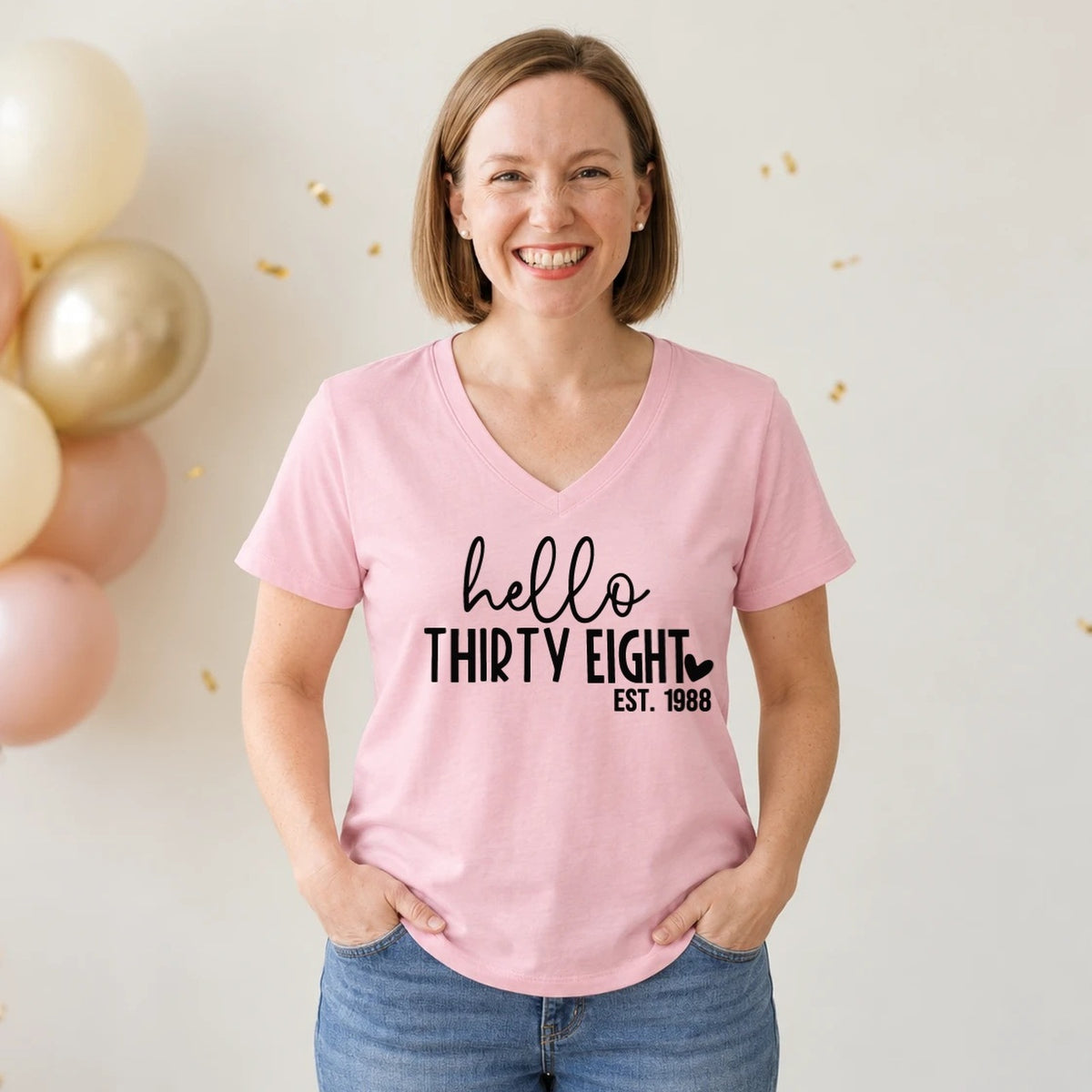 Hello Thirty-Eight 38th Birthday T-Shirt for Women - Est. 1988 - Blush Pink V-Neck