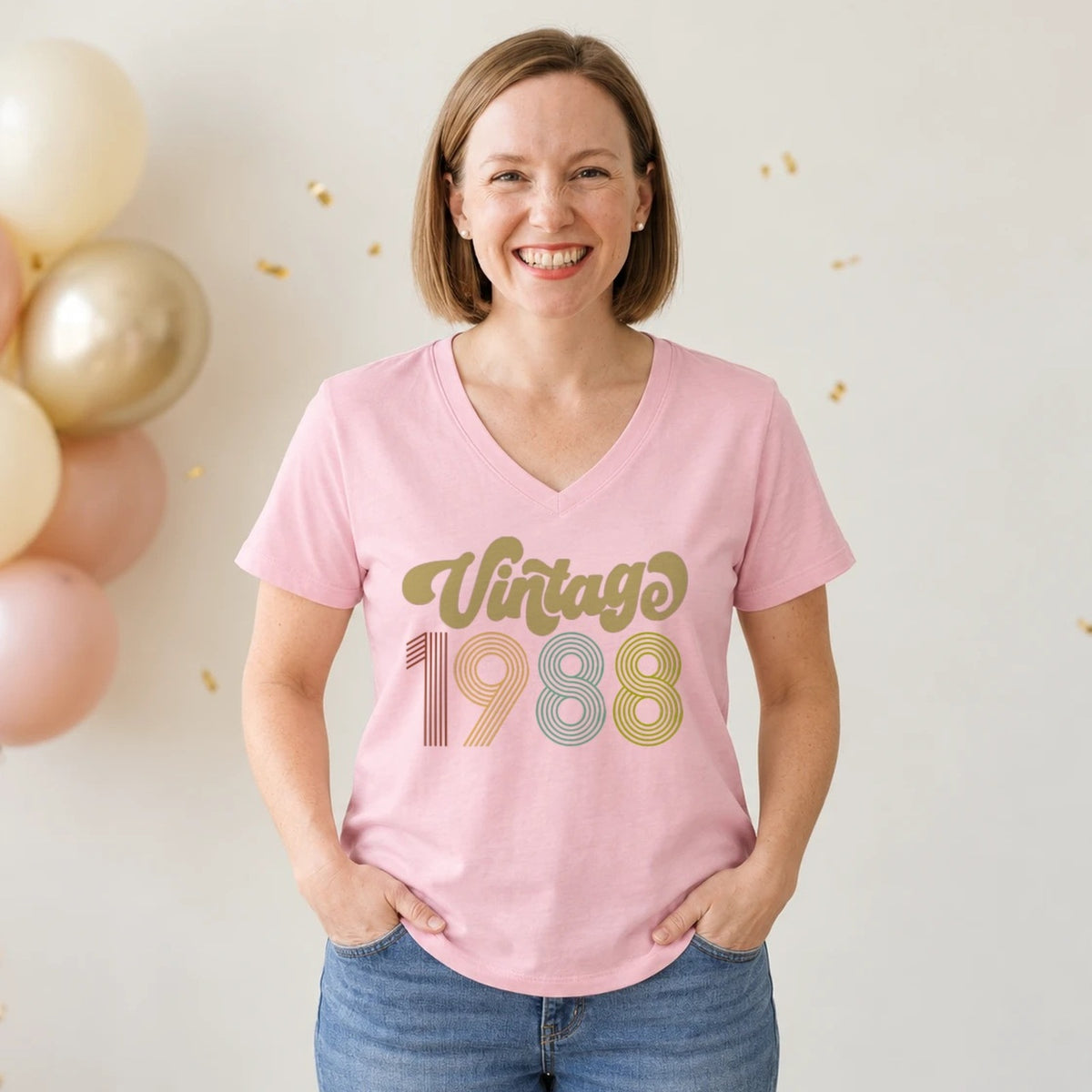 Vintage 1988 - Retro 38th Birthday T-Shirt for Women - Blush Pink V-Neck