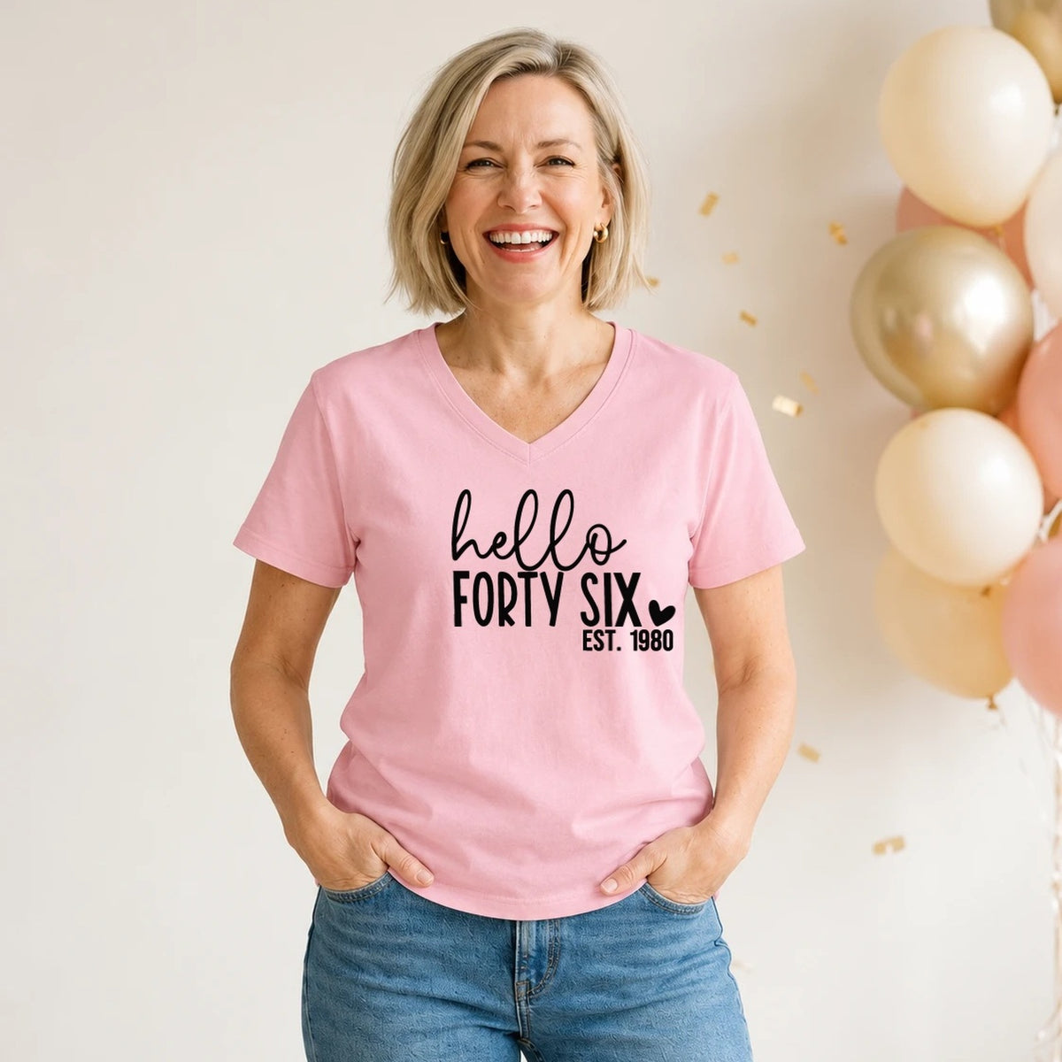 Hello Forty-Six 46th Birthday T-Shirt for Women - Est. 1980 - Blush Pink V-Neck