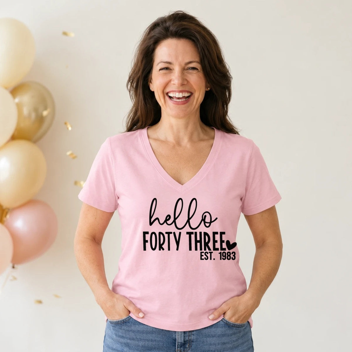 Hello Forty-Three 43rd Birthday T-Shirt for Women - Est. 1983 - Blush Pink V-Neck