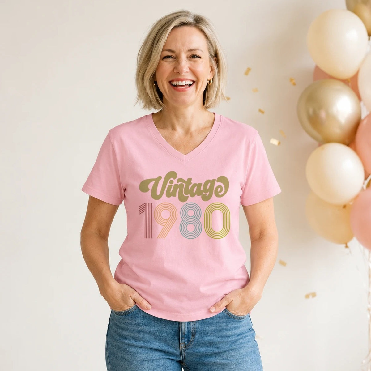 Vintage 1980 - Retro 46th Birthday T-Shirt for Women - Blush Pink V-Neck