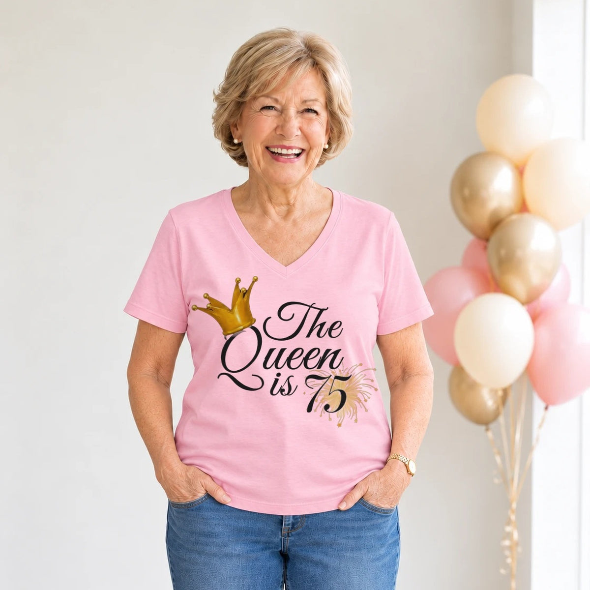 The Queen Is 75 - 75th Birthday Queen T-Shirt for Women - Blush Pink V-Neck