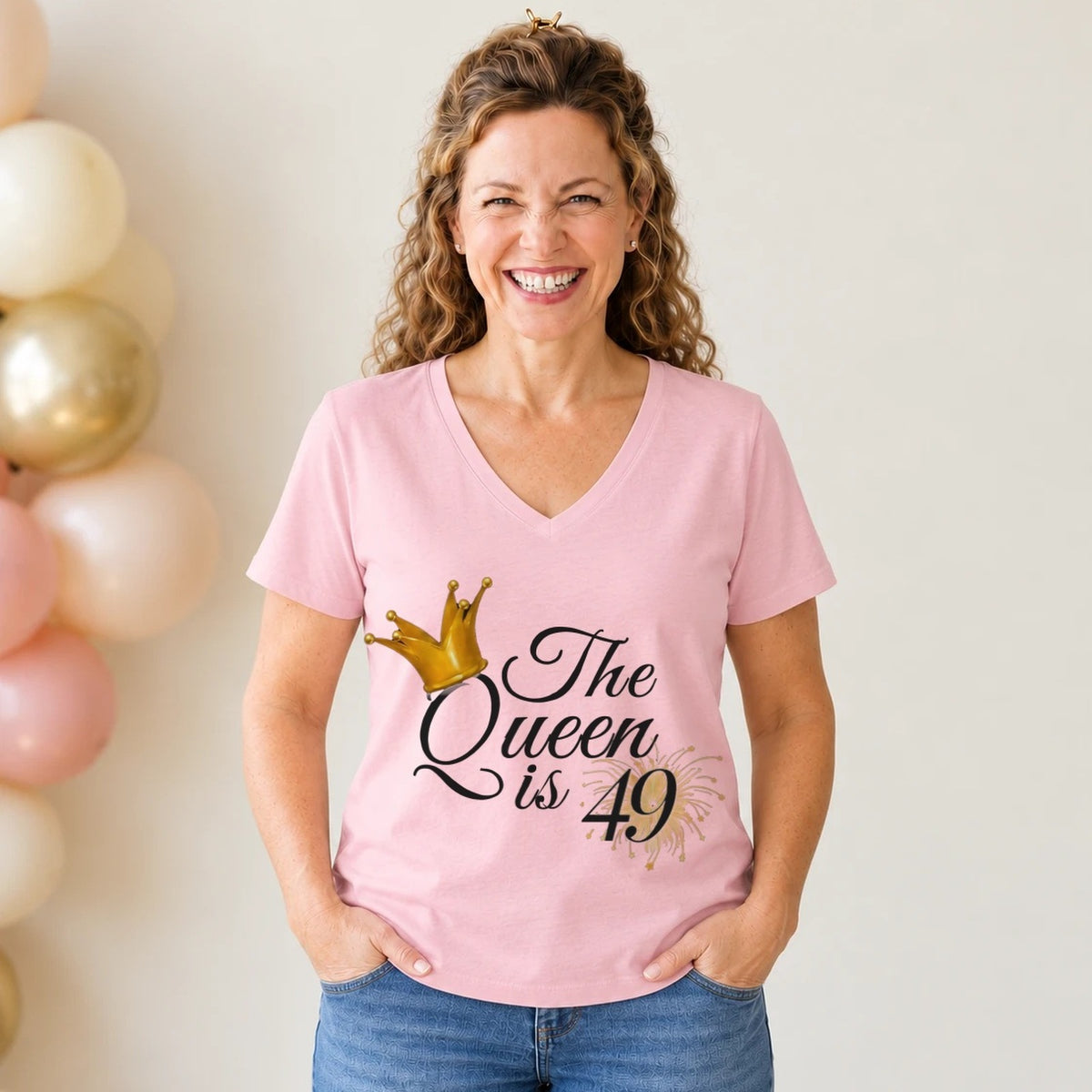 The Queen Is 49 - 49th Birthday Queen T-Shirt for Women - Blush Pink V-Neck