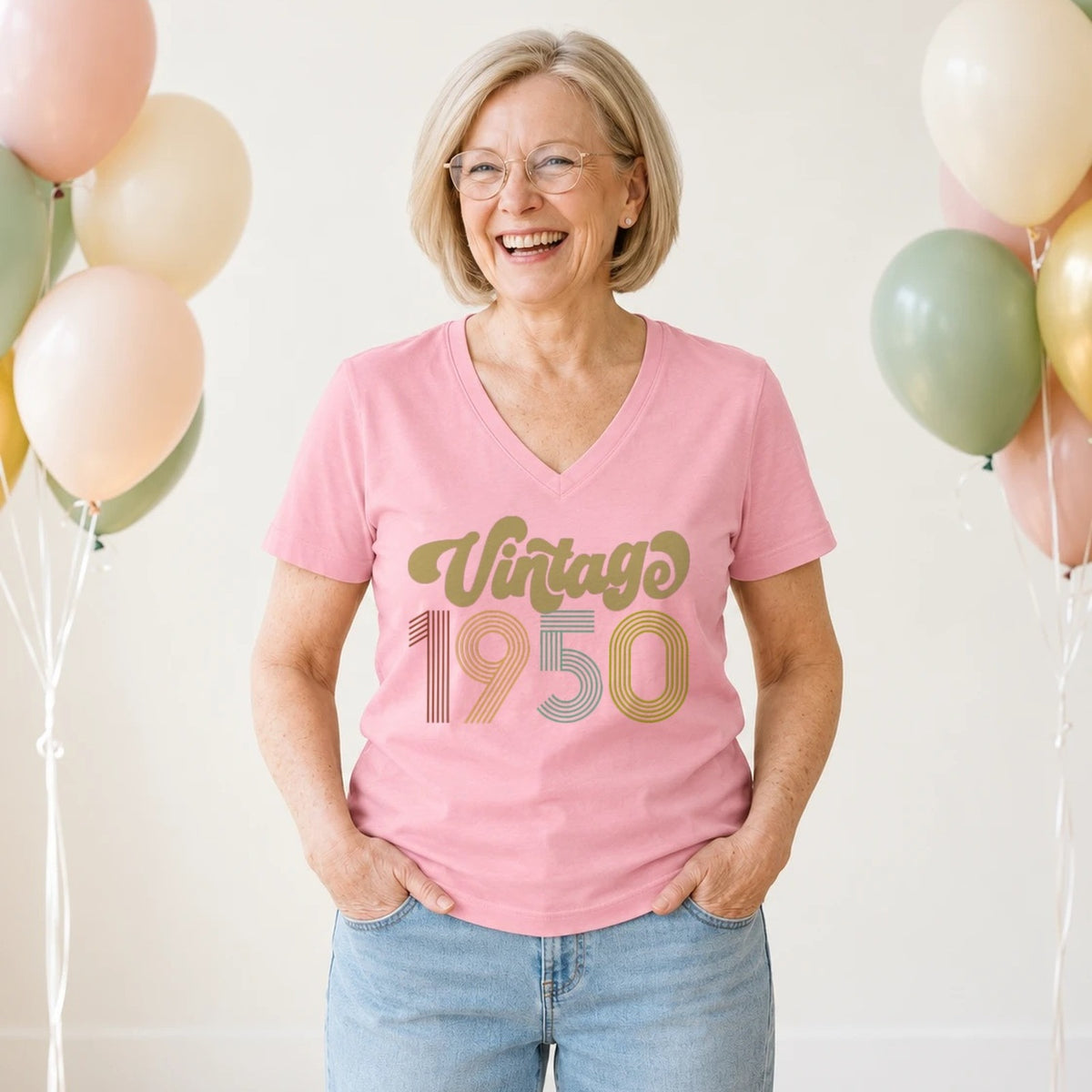 Vintage 1950 - Retro 76th Birthday T-Shirt for Women - Blush Pink V-Neck