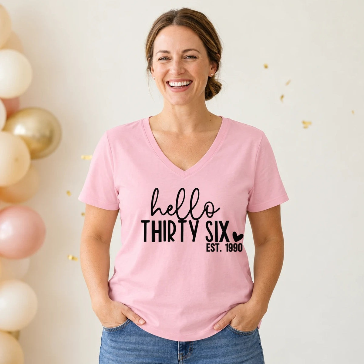 Hello Thirty-Six 36th Birthday T-Shirt for Women - Est. 1990 - Blush Pink V-Neck