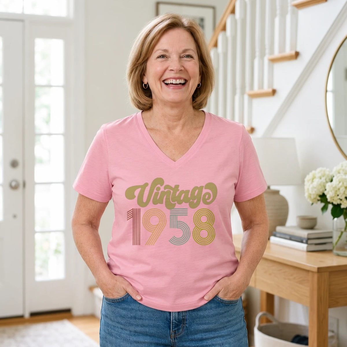 Vintage 1958 - Retro 68th Birthday T-Shirt for Women - Blush Pink V-Neck