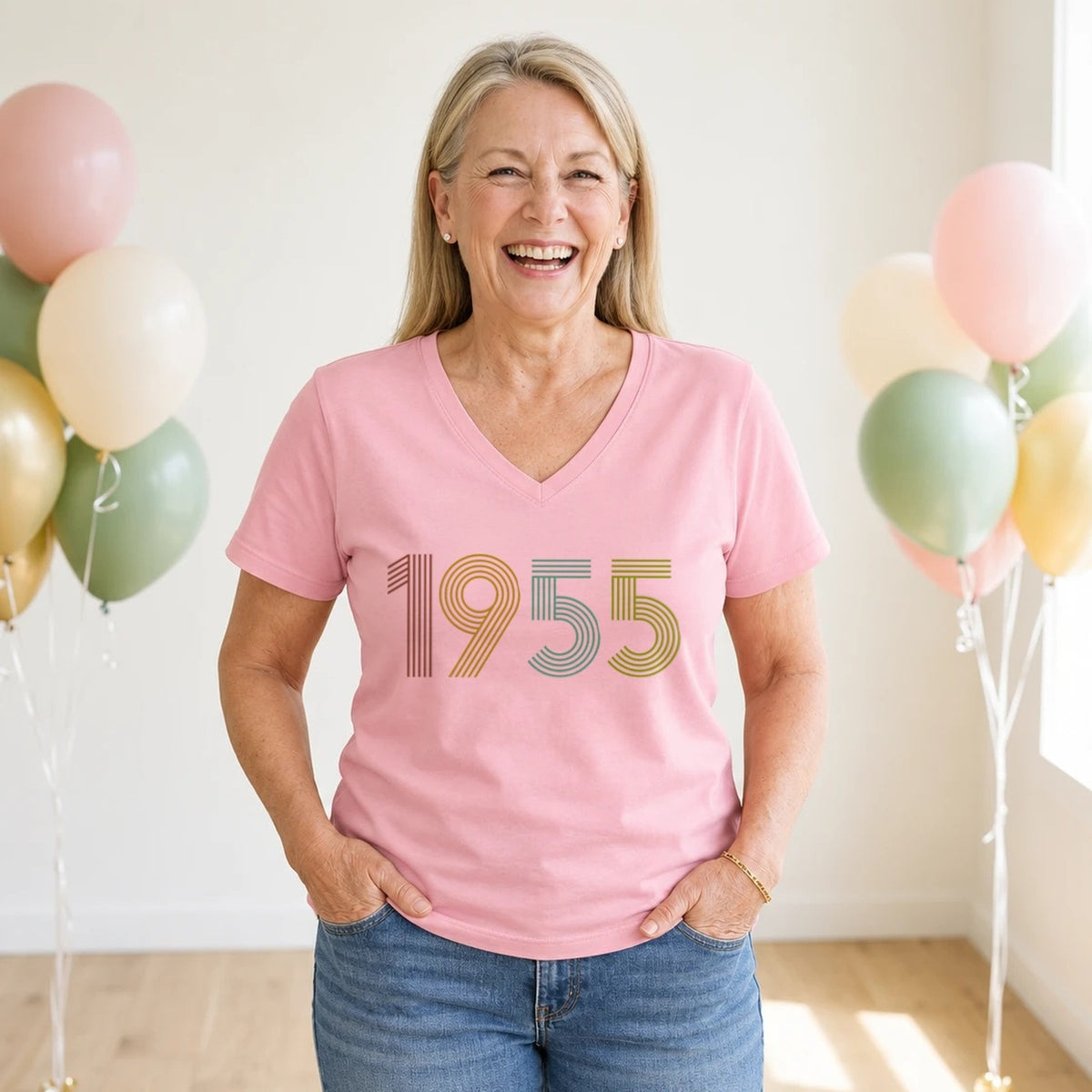 1955 Birth Year Shirt - Retro 71st Birthday T-Shirt for Women - Blush Pink V-Neck