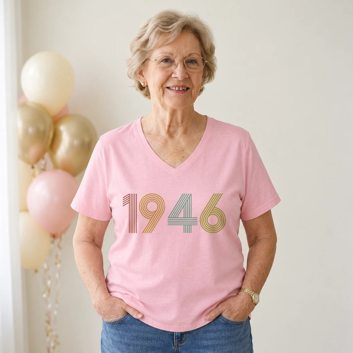 1946 Birth Year Shirt - Retro 80th Birthday T-Shirt for Women - Blush Pink V-Neck