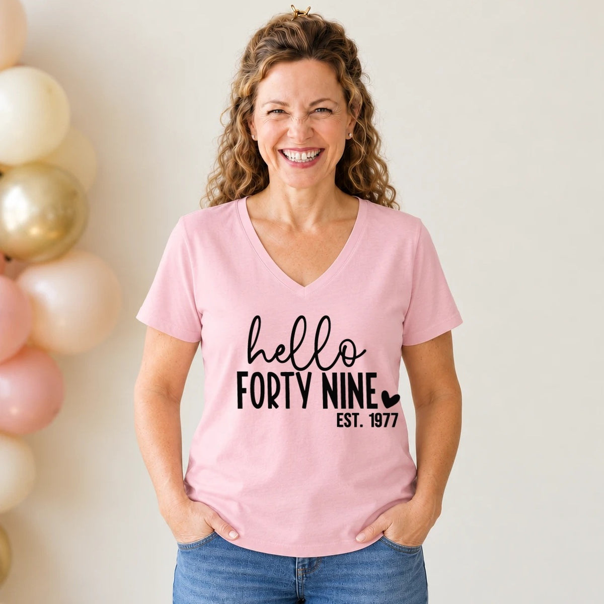 Hello Forty-Nine 49th Birthday T-Shirt for Women - Est. 1977 - Blush Pink V-Neck
