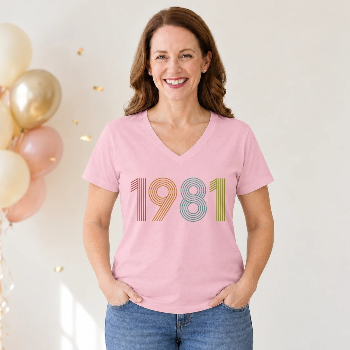 1981 Birth Year Shirt - Retro 45th Birthday T-Shirt for Women - Pink Round Neck