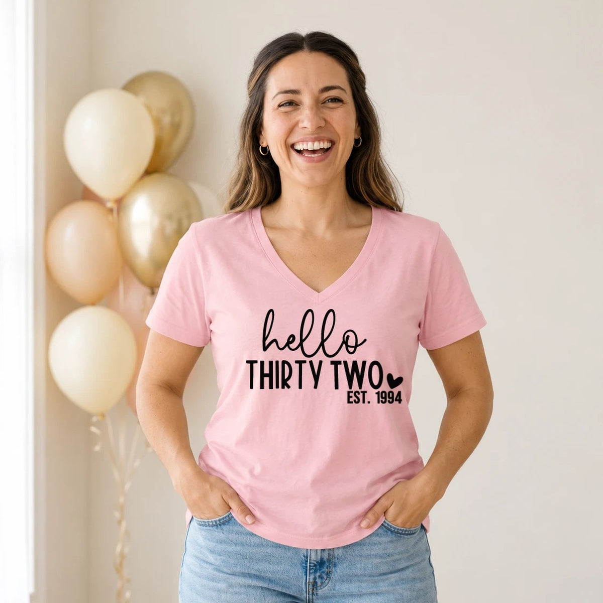 Hello Thirty-Two 32nd Birthday T-Shirt for Women - Est. 1994 - Blush Pink V-Neck