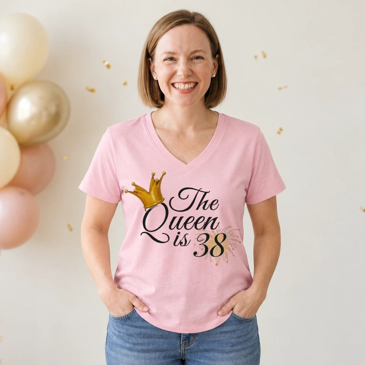 The Queen Is 38 - 38th Birthday Queen T-Shirt for Women - Blush Pink V-Neck