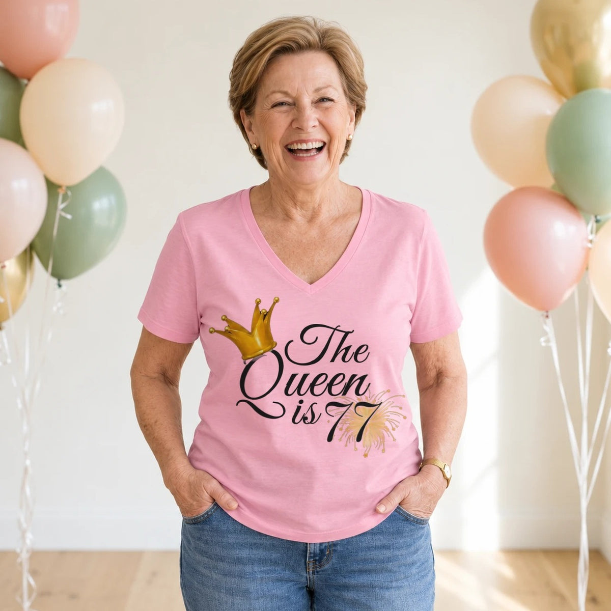 The Queen Is 77 - 77th Birthday Queen T-Shirt for Women - Blush Pink V-Neck