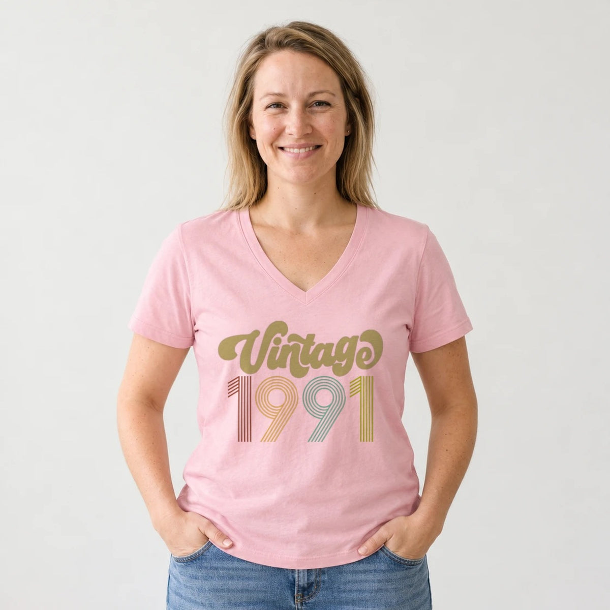 Vintage 1991 - Retro 35th Birthday T-Shirt for Women - Blush Pink V-Neck