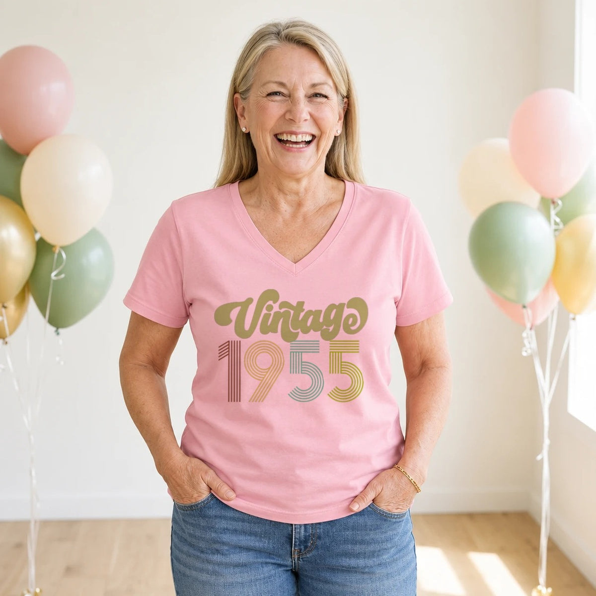 Vintage 1955 - Retro 71st Birthday T-Shirt for Women - Blush Pink V-Neck