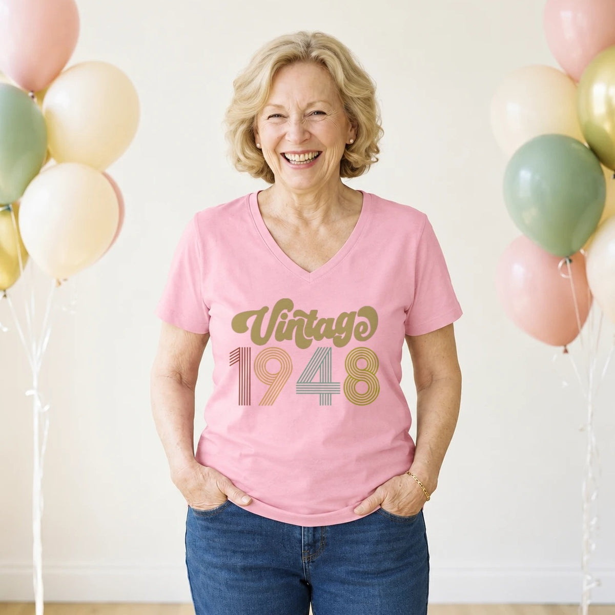 Vintage 1948 - Retro 78th Birthday T-Shirt for Women - Blush Pink V-Neck