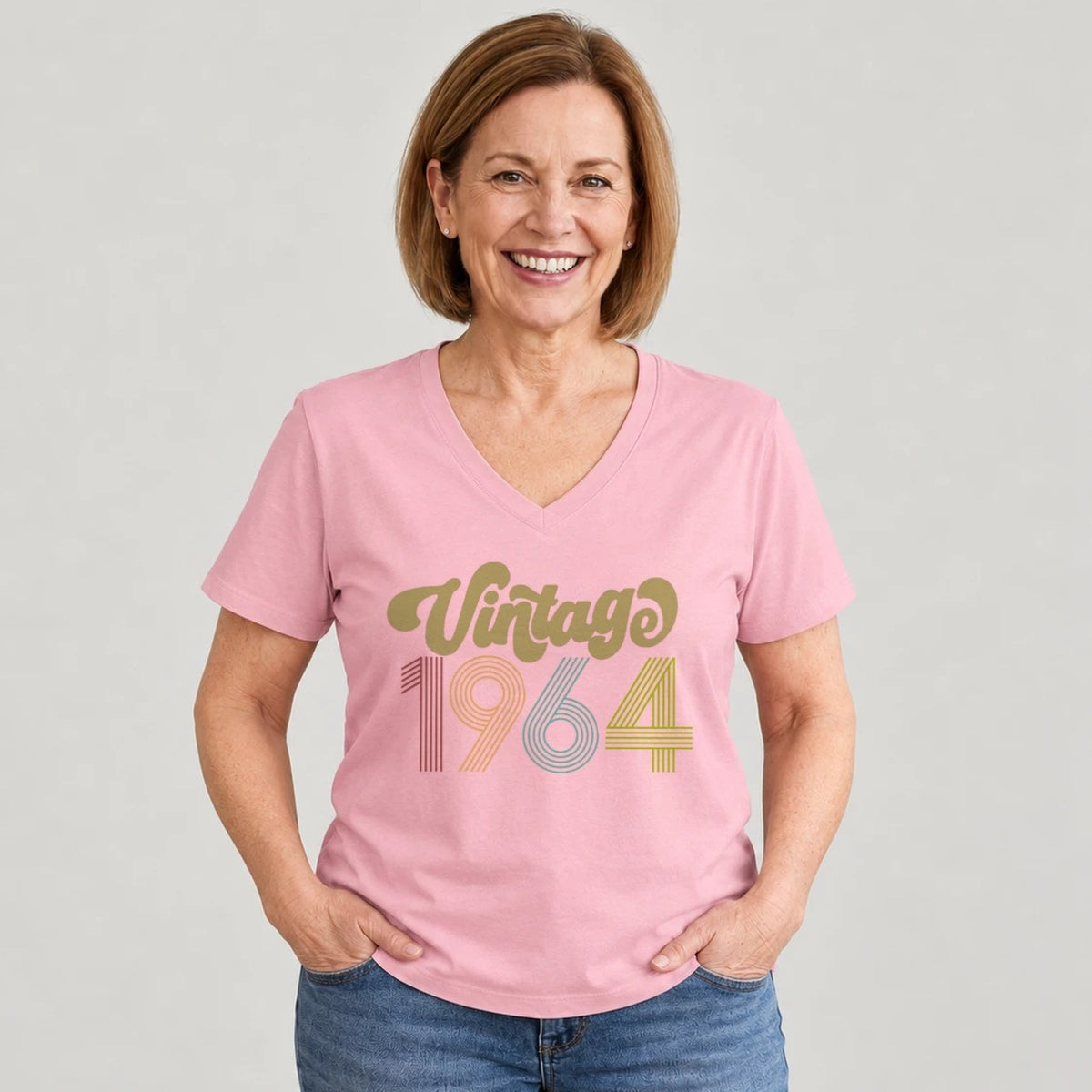 Vintage 1964 - Retro 62nd Birthday T-Shirt for Women - Blush Pink V-Neck