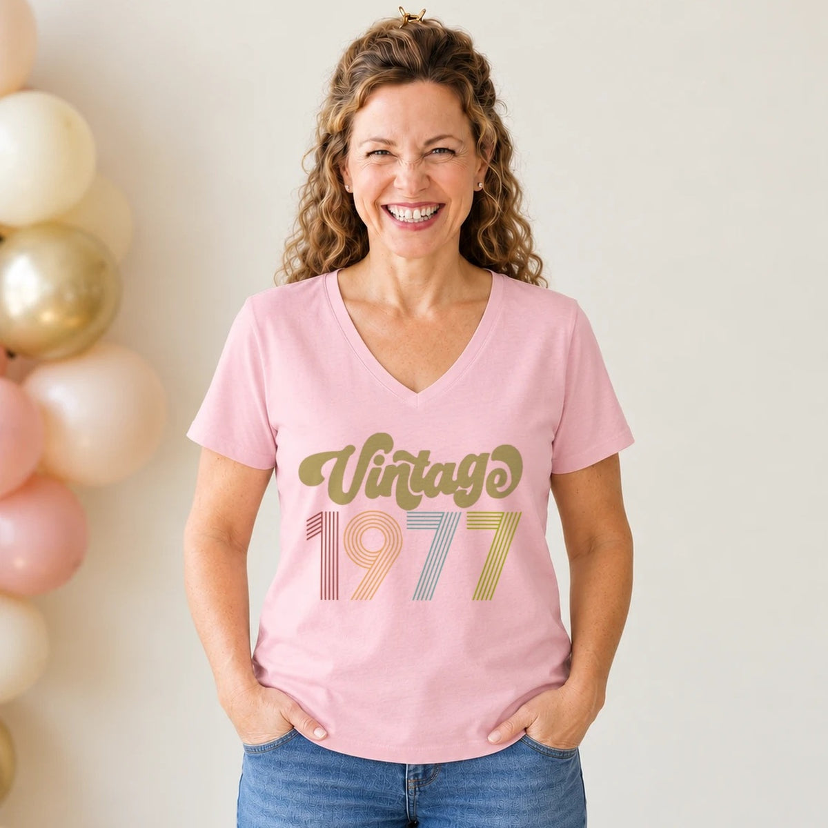 Vintage 1977 - Retro 49th Birthday T-Shirt for Women - Blush Pink V-Neck