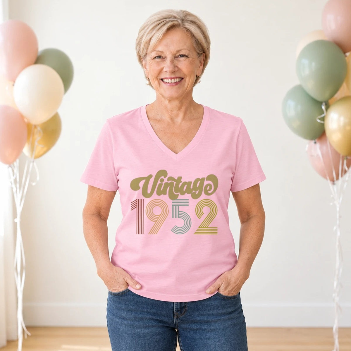 Vintage 1952 - Retro 74th Birthday T-Shirt for Women - Blush Pink V-Neck