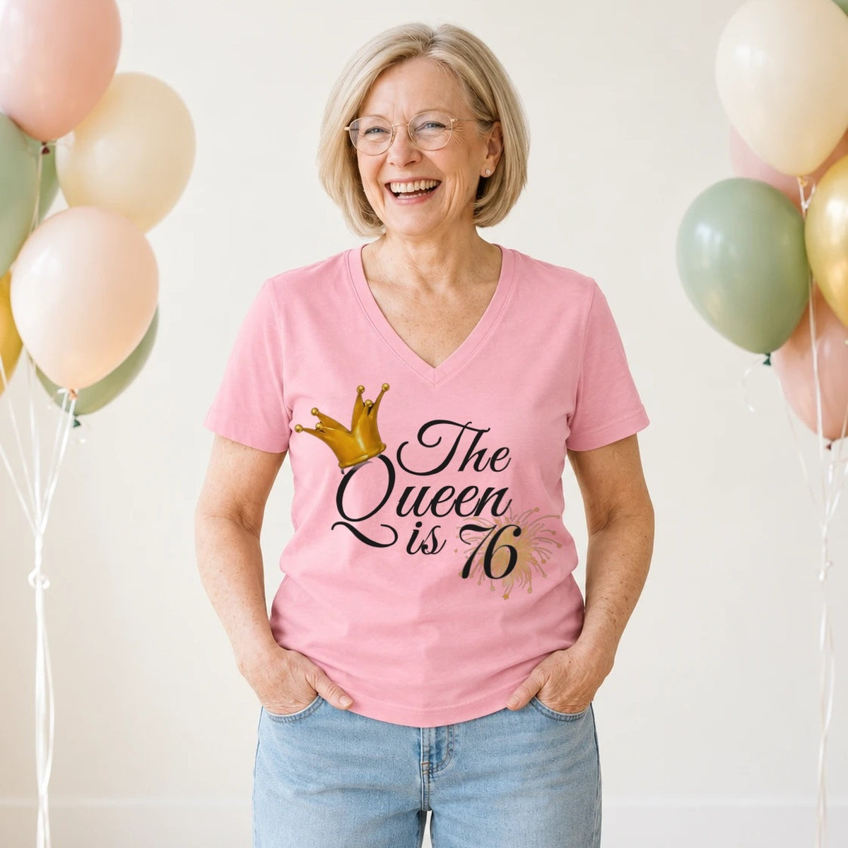 The Queen Is 76 - 76th Birthday Queen T-Shirt for Women - Blush Pink V-Neck