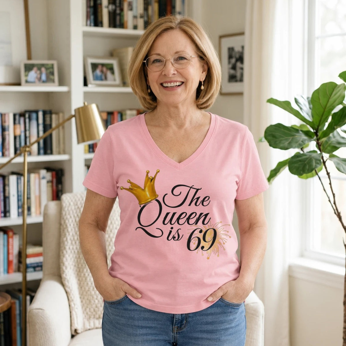 The Queen Is 69 - 69th Birthday Queen T-Shirt for Women - Blush Pink V-Neck