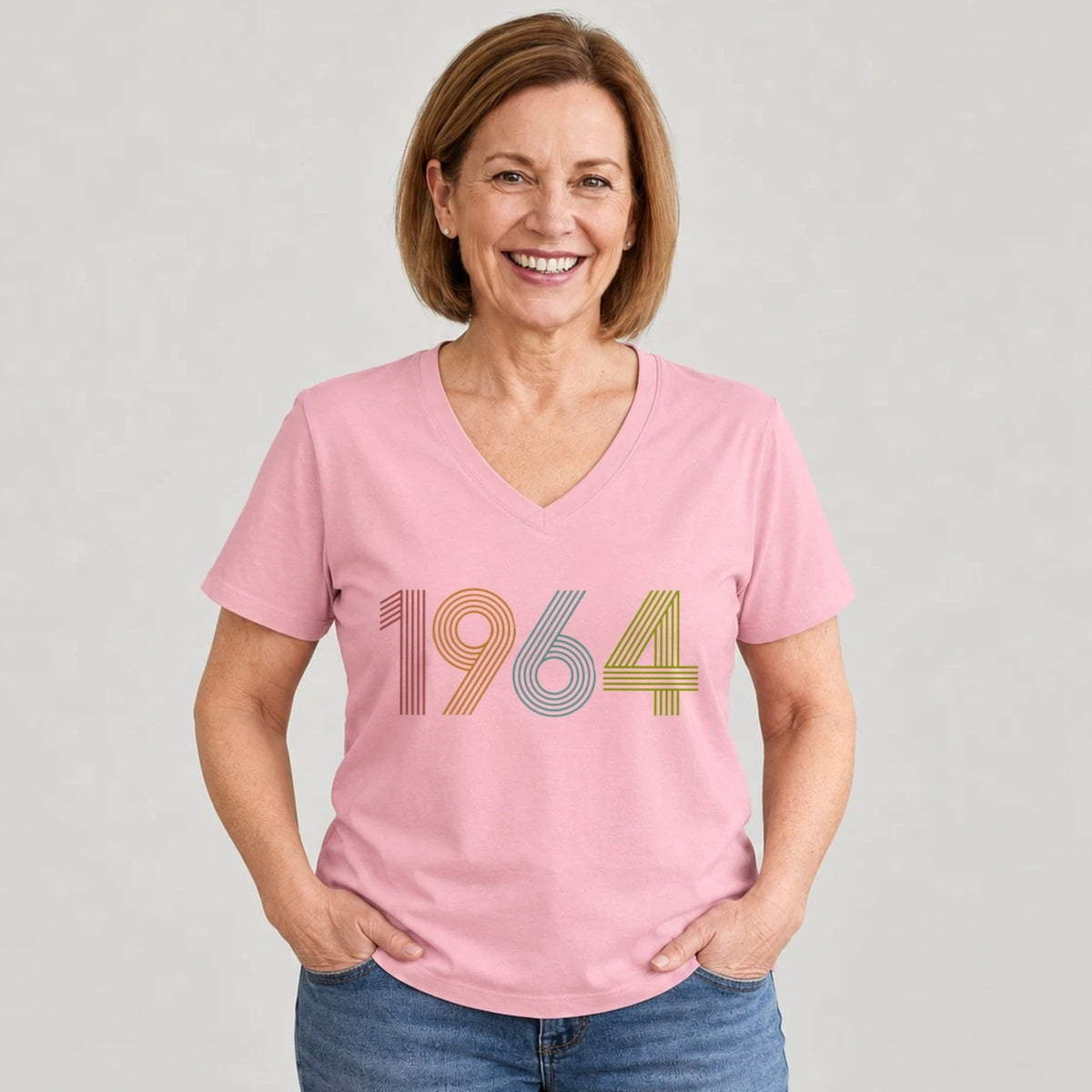 1964 Birth Year Shirt - Retro 62nd Birthday T-Shirt for Women - Blush Pink V-Neck