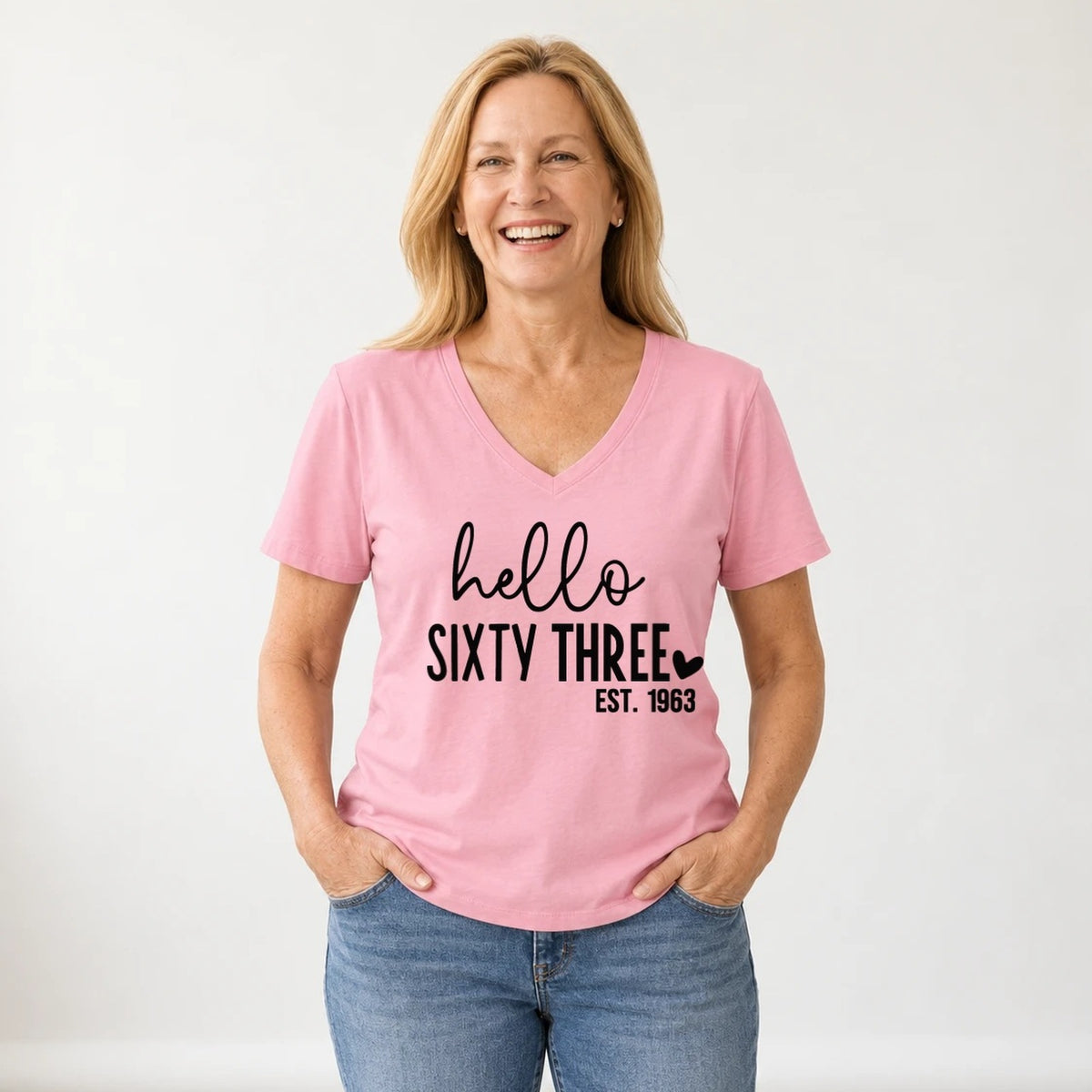 Hello Sixty-Three 63rd Birthday T-Shirt for Women - Est. 1963 - Blush Pink V-Neck