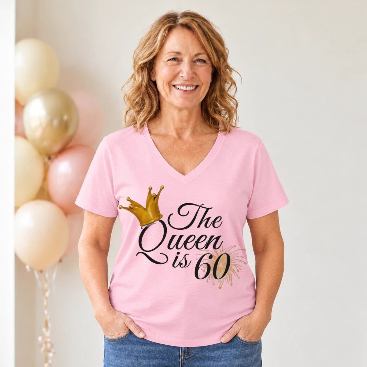 The Queen Is 60 - 60th Birthday Queen T-Shirt for Women - Blush Pink V-Neck