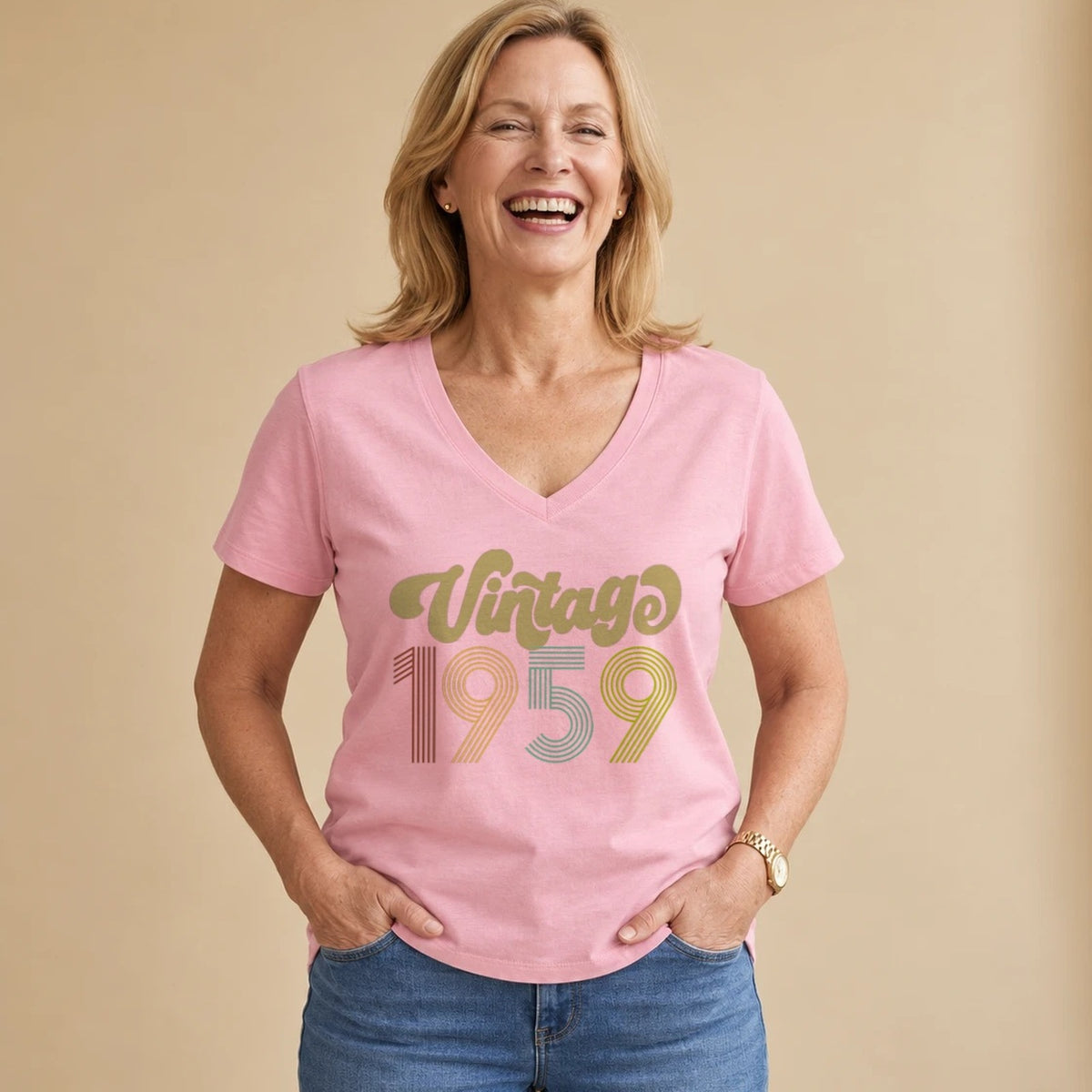 Vintage 1959 - Retro 67th Birthday T-Shirt for Women - Blush Pink V-Neck